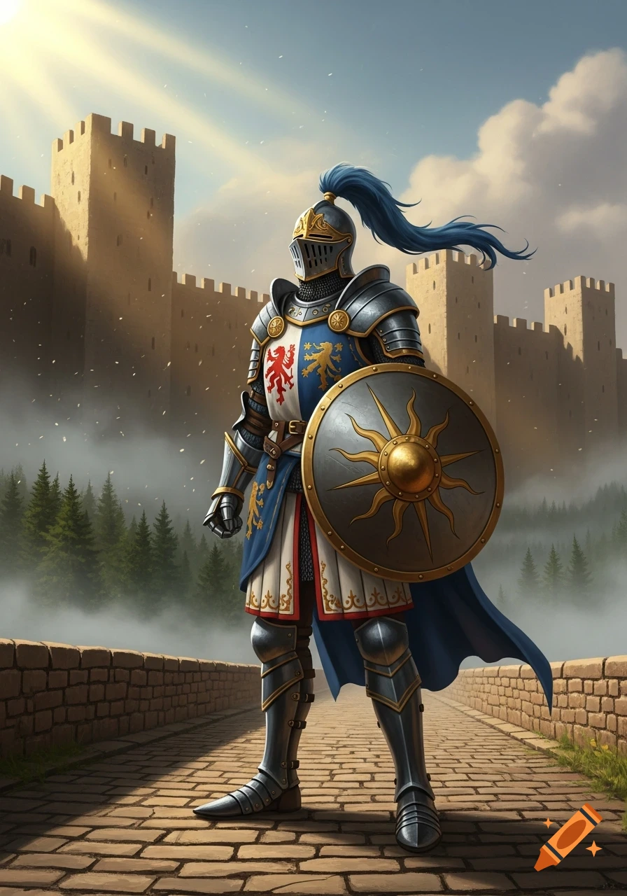 A majestic knight in shining armor stands on a stone path before a castle, holding a shield with a sun emblem.
