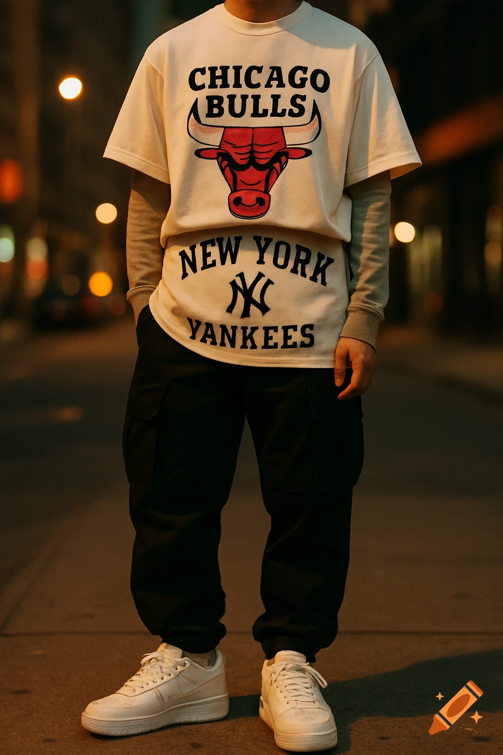 A person stands on a street at night, wearing a white t-shirt with Chicago Bulls and New York Yankees logos, black cargo pants, and white sneakers.