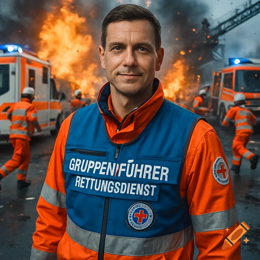 A smiling male rescue squad leader in a blue vest and orange uniform stands before a chaotic emergency scene with fire and ambulances.