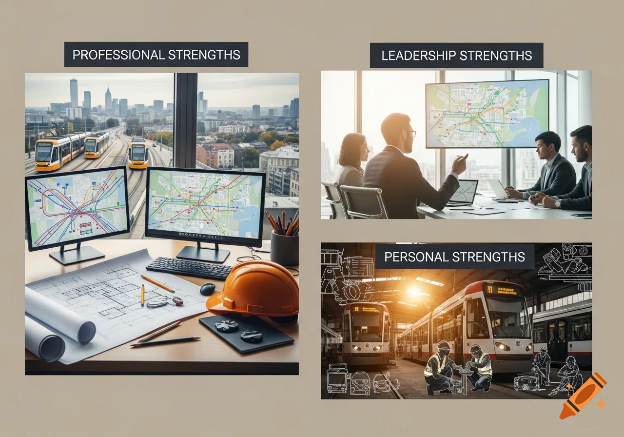 A triptych of images illustrating professional, leadership, and personal strengths, featuring cityscapes, office meetings, and a train workshop.