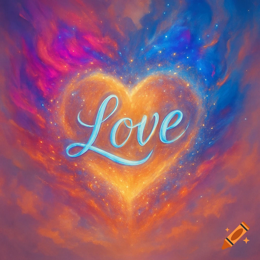 Glowing orange heart with 'Love' in blue script, surrounded by a vibrant, starry pink, purple, and blue nebula.