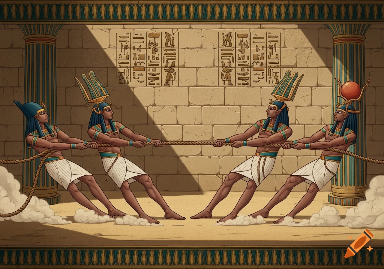 Four Ancient Egyptian figures in 2D illustration style playing tug-of-war within a stone room adorned with hieroglyphs.