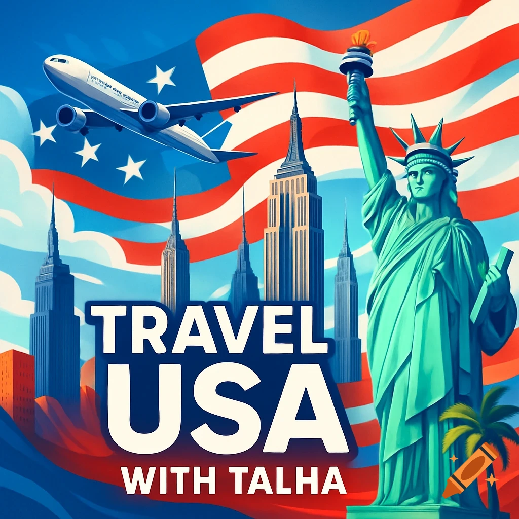 Vibrant illustration with 'Travel USA with Talha' text, featuring the Statue of Liberty, NYC skyline, an airplane, and the American flag.
