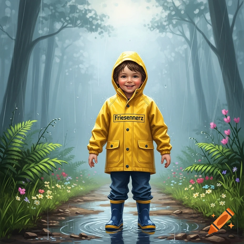 Smiling child in a yellow raincoat and blue boots stands in puddles on a forest path during rain, digital illustration.