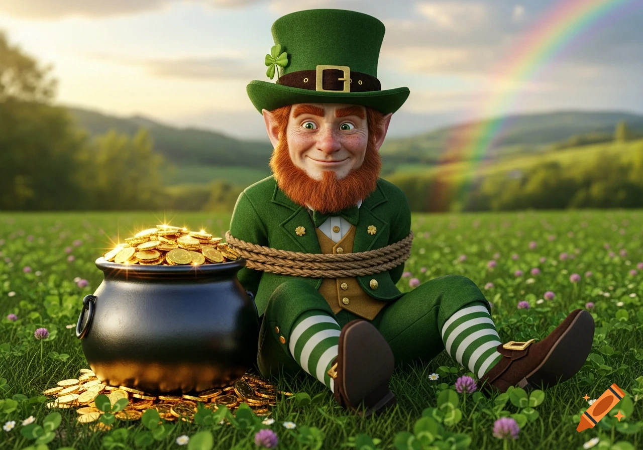 A cheerful leprechaun, tied with rope, sits in a clover field next to a shimmering pot of gold under a rainbow.