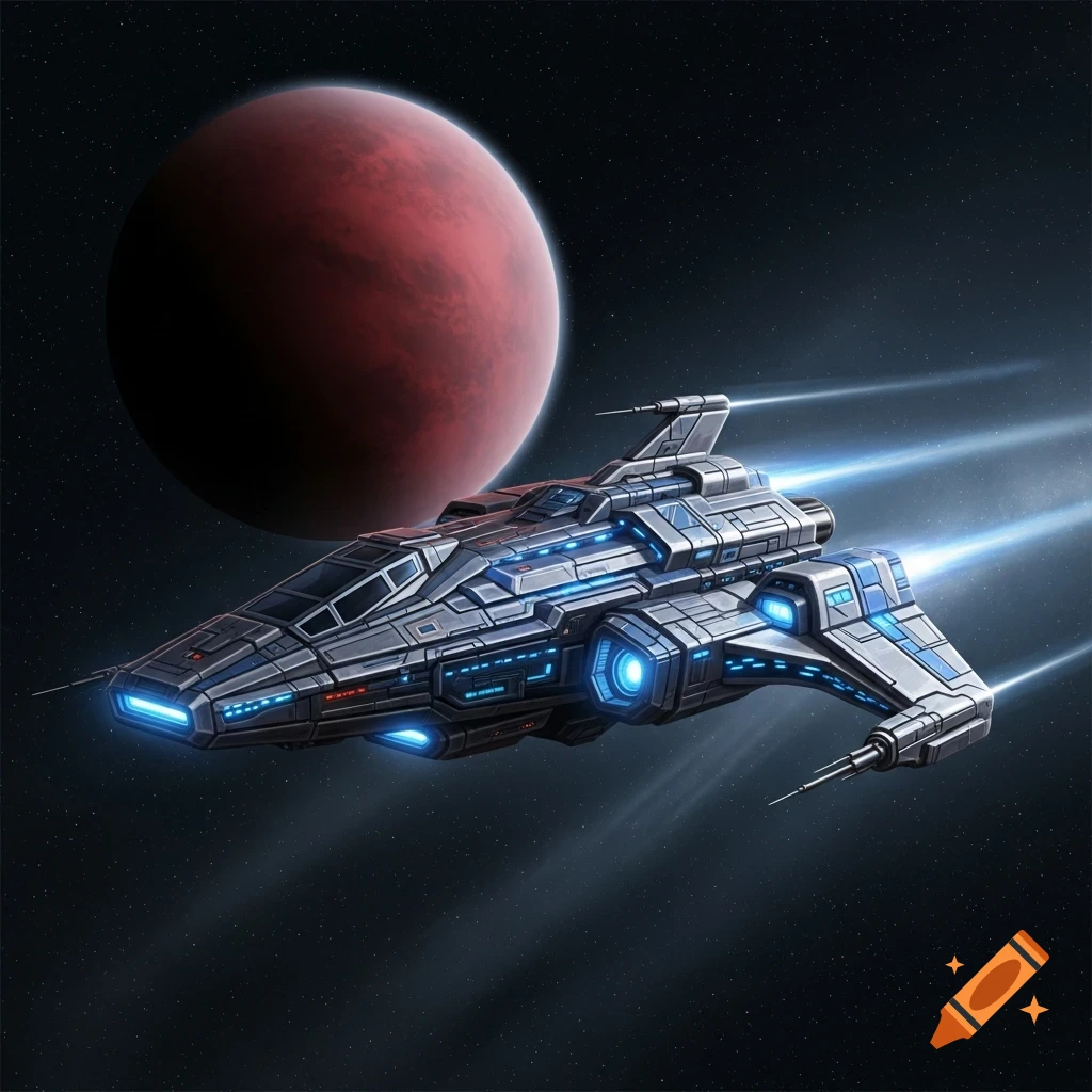 A futuristic spaceship with glowing blue accents speeds past a large red planet in deep space, surrounded by stars.