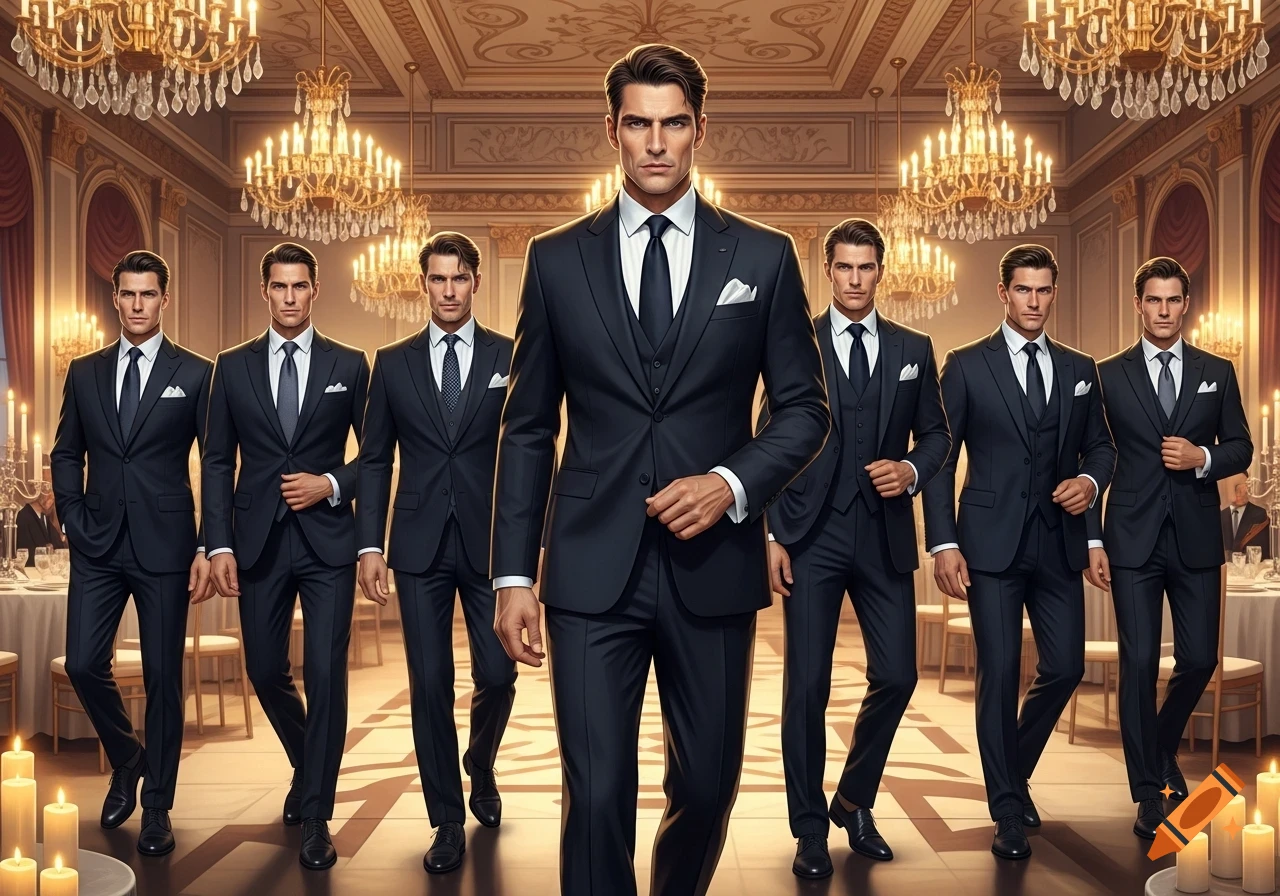 Photorealistic image of seven men in black suits and ties walking in an elegant ballroom with chandeliers.