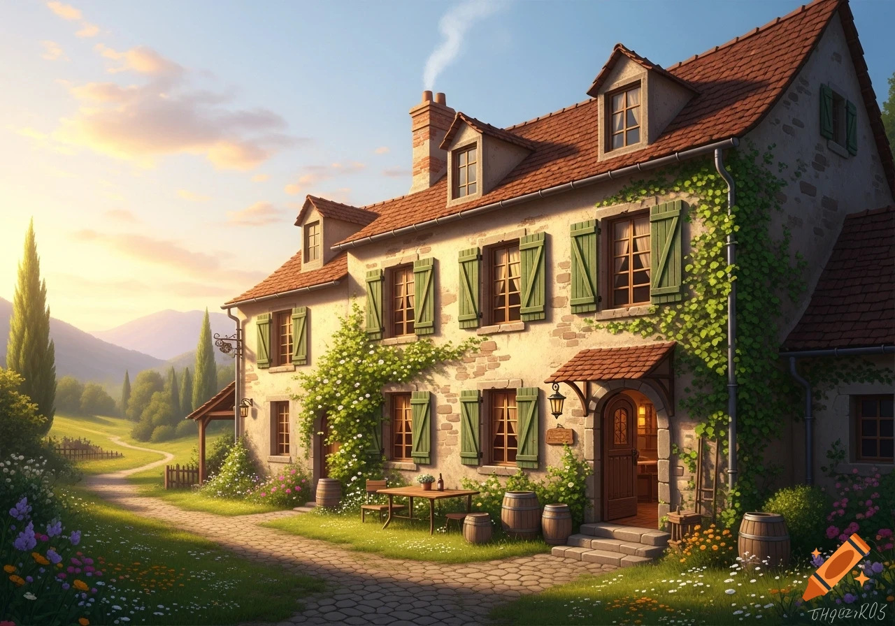 A charming old stone house with a red tiled roof and green shutters, covered in ivy, set in a sunny countryside landscape.