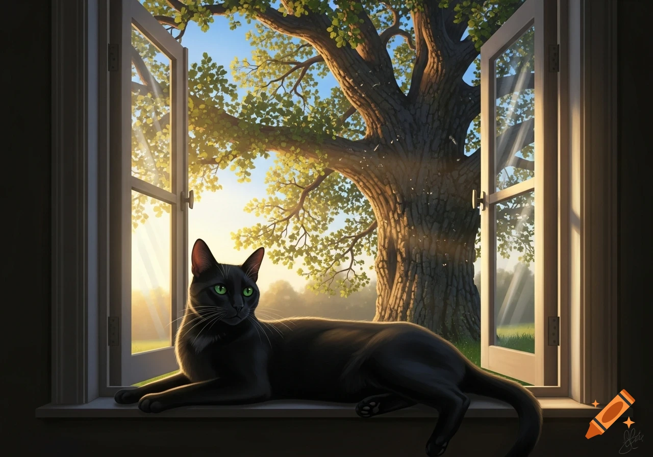 A photorealistic black cat with vibrant green eyes lies on a sunlit windowsill, looking out an open window at a large tree and bright sky.