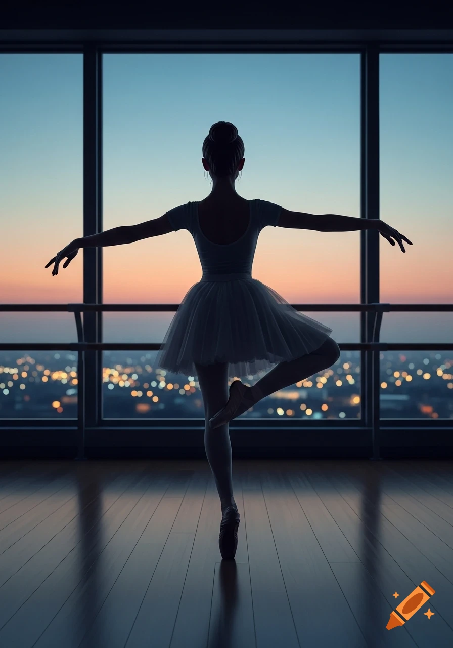 A silhouette of a ballet dancer en pointe in a dance studio, overlooking a city at sunset.