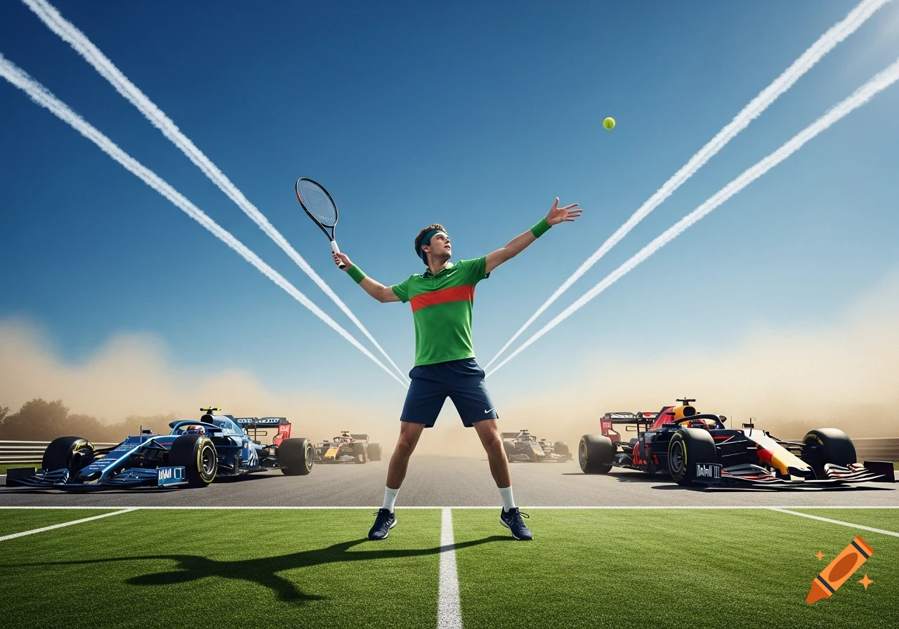 A tennis player in mid-serve on a green court, holding a racket with a ball in the air. In the background are several Formula 1 race cars on a track with contrails in the sky.