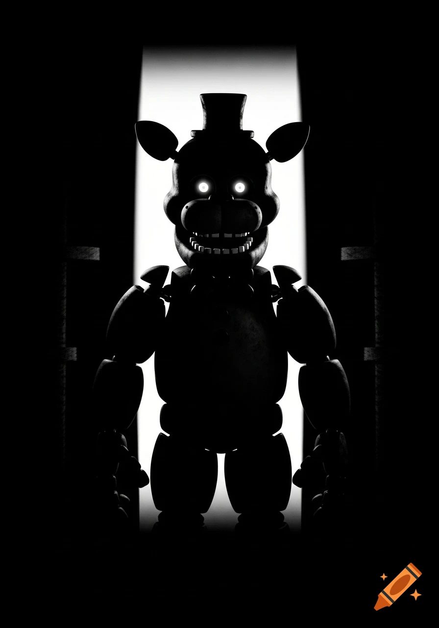 Monochrome silhouette of Freddy Fazbear with glowing eyes and sharp teeth, against a vertical bright light in a dark room.
