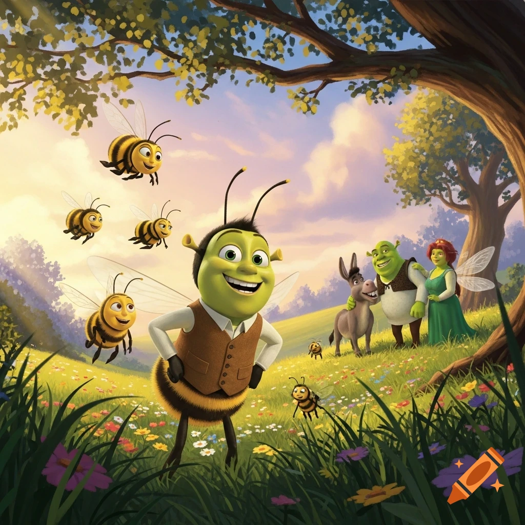 Barry B. Benson, Shrek, Fiona, and Donkey stand in a sunny, flower-filled meadow with other bees, in a cheerful animated style.