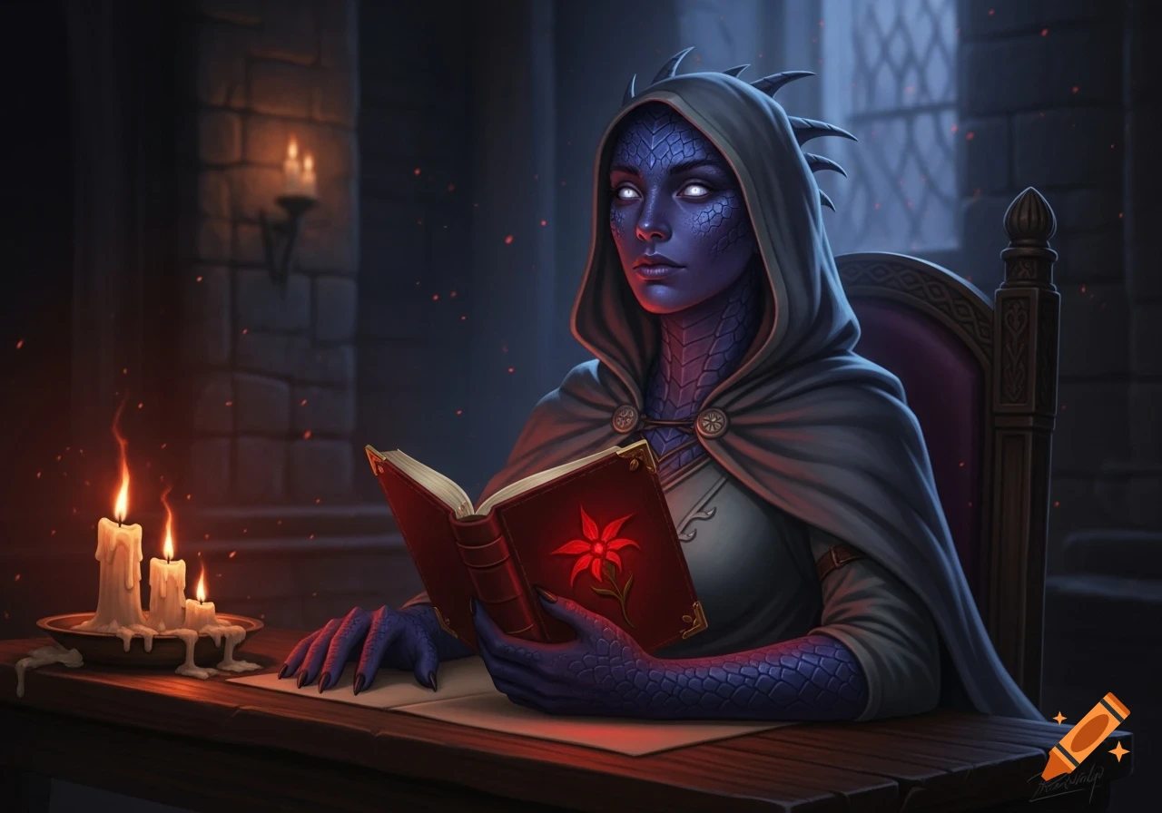 A hooded indigo-scaled Dragonborn with glowing white eyes reads a red tome with a glowing flower, illuminated by candlelight in a dark, stone room.