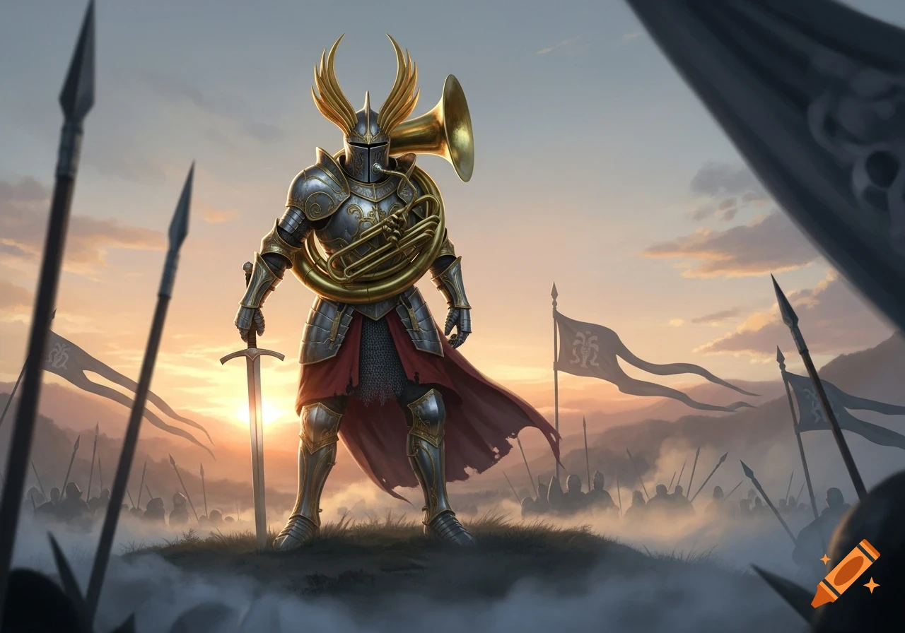 An armored knight with a horned helmet and red cape stands on a misty hill, a large brass instrument wrapped around its torso, holding a sword at sunset.