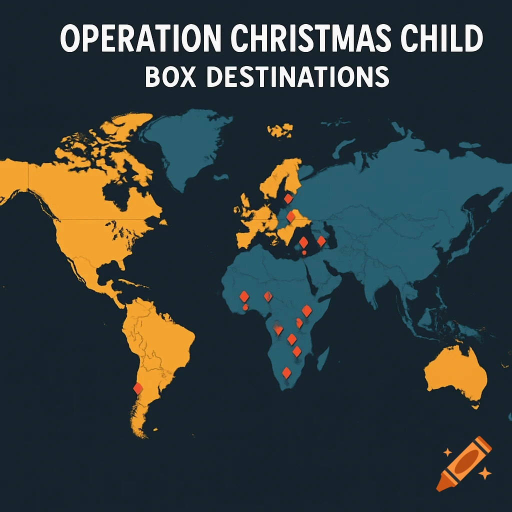 A flat design world map titled "OPERATION CHRISTMAS CHILD BOX DESTINATIONS" in high contrast colors, showing various countries highlighted in orange with red pinpoint markers.
