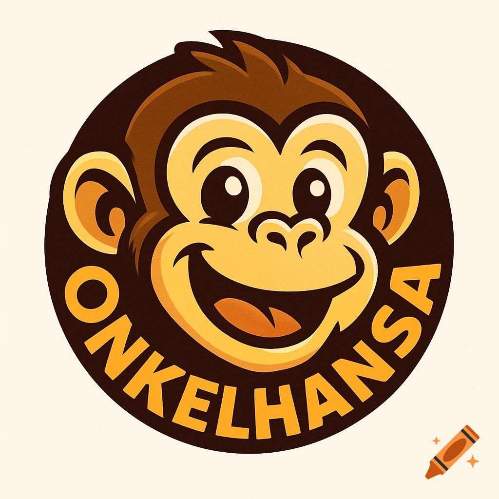 A cartoon monkey face logo in a circle with the text ONKELHANSA.