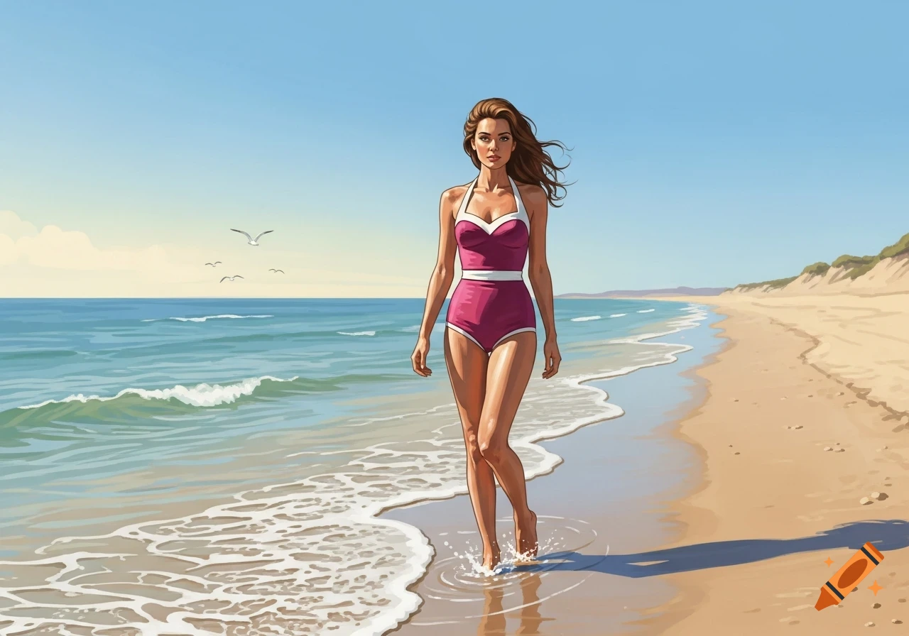 Digital art of a woman in a pink swimsuit walking along the water's edge on a sunny beach.