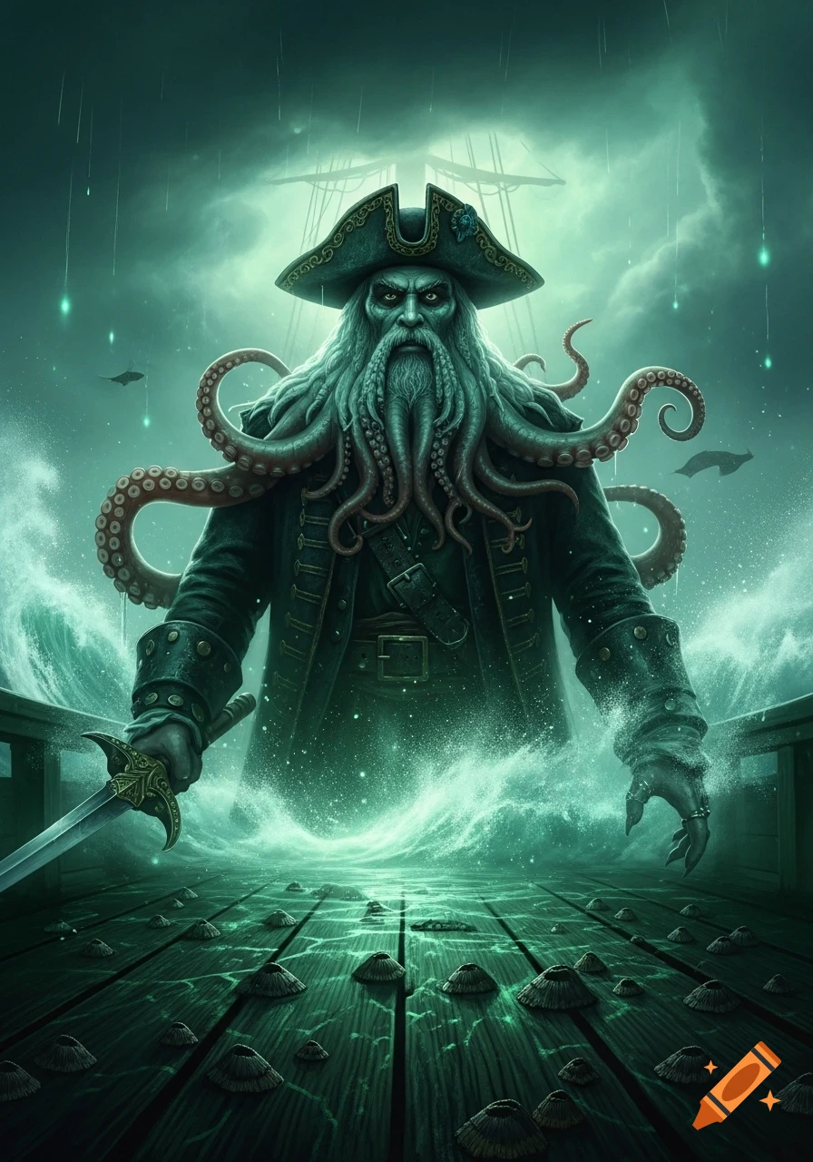 Davy Jones, a monstrous pirate with a tentacled beard, stands on a stormy ship deck, sword in hand, amidst green waves and fog.