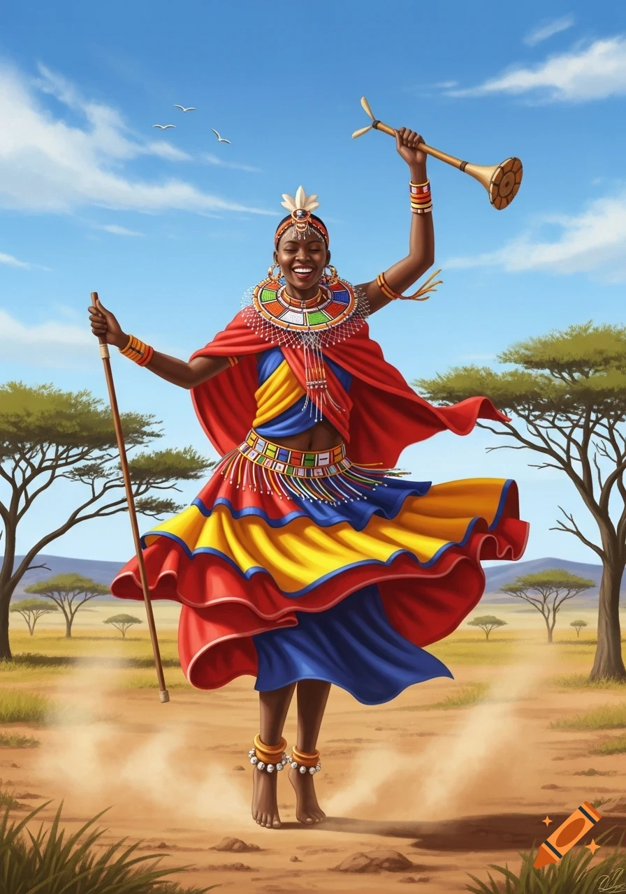 Joyful African woman in vibrant traditional dress dances in a savanna, holding a staff and instrument, with acacia trees and birds.