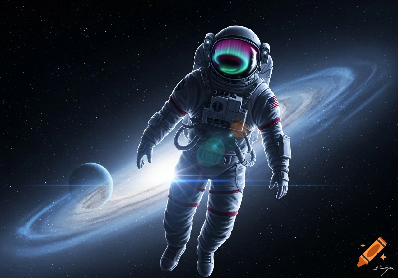 An astronaut in a white suit floats in space with a vibrant aurora reflection in their helmet, against a backdrop of a planet and galaxy.