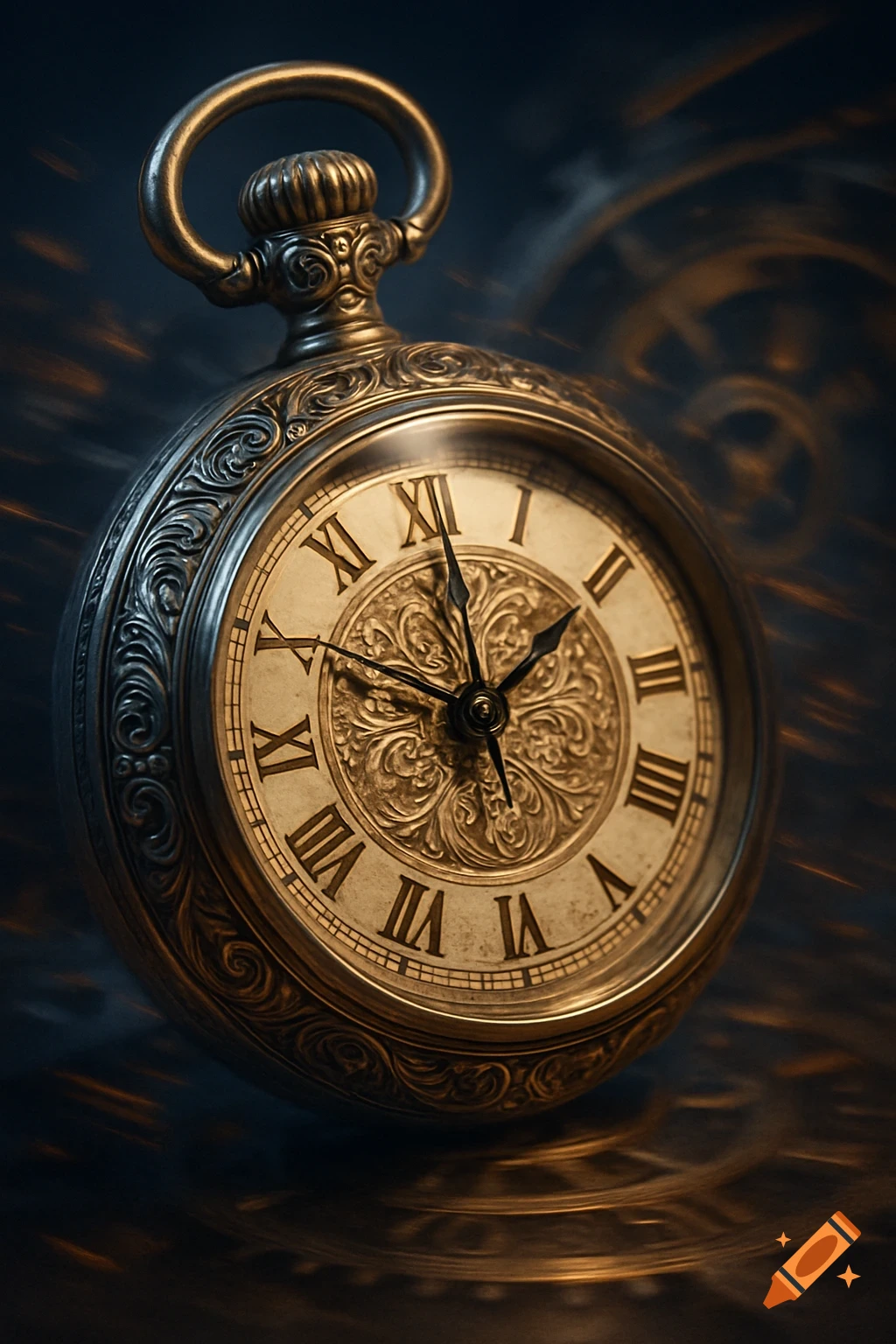 Ornate vintage gold pocket watch with Roman numerals and intricate detailing on a dark, textured background.