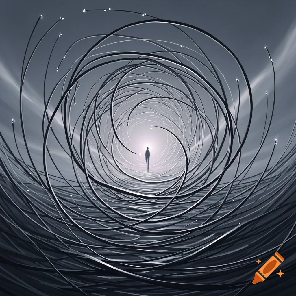 A lone figure walks towards a bright light through a tunnel of swirling dark lines in a surreal, monochromatic style.