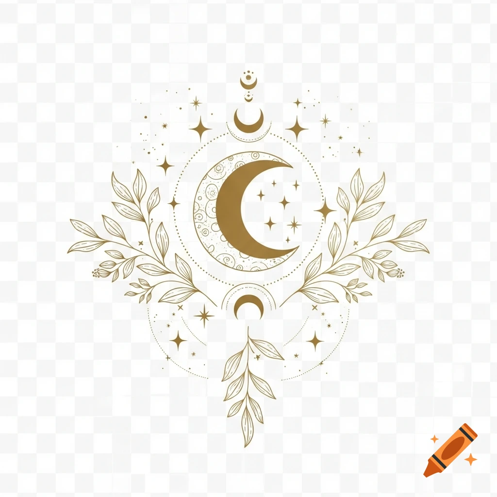 Symmetrical boho celestial design with a golden crescent moon, stars, and botanical leaves on a transparent background.