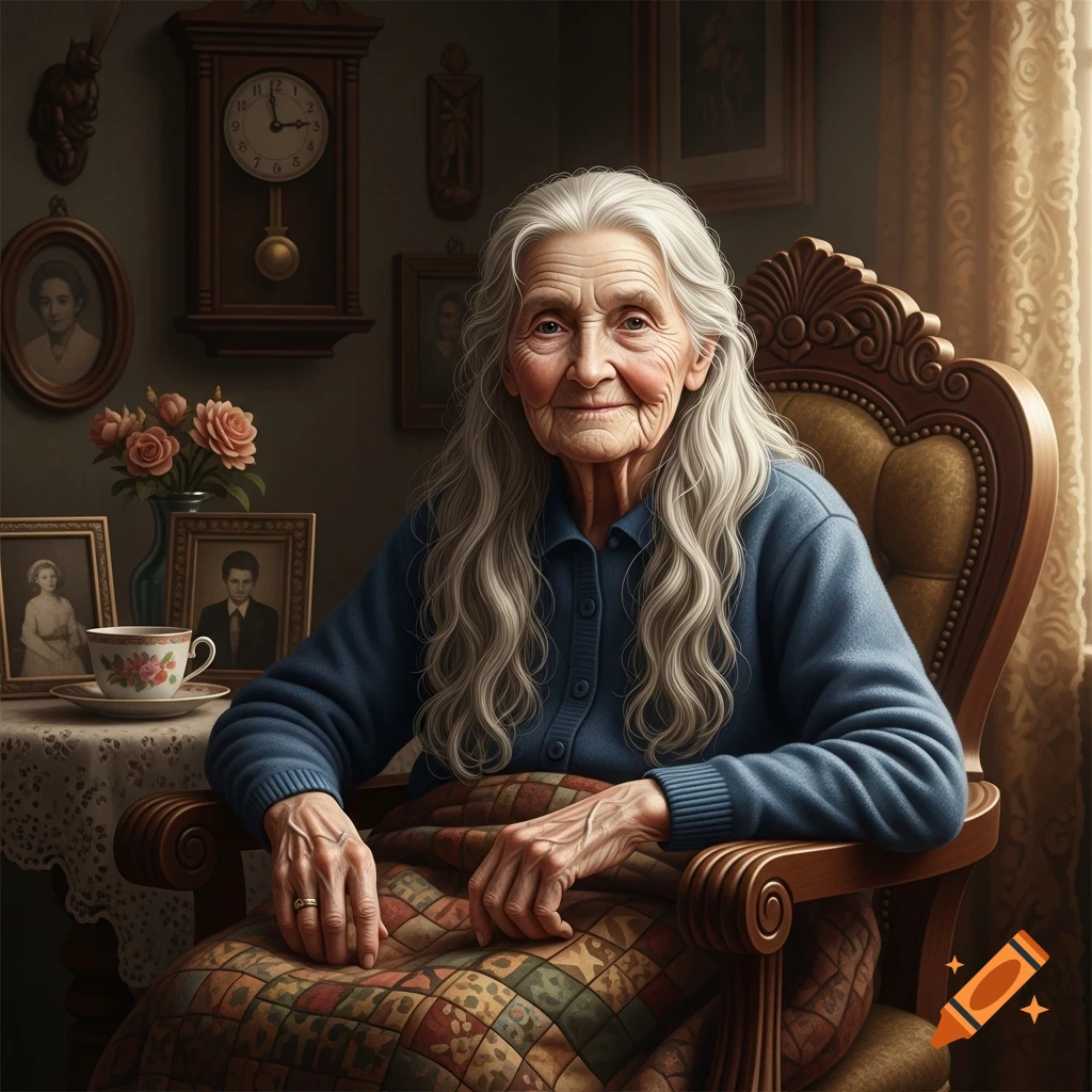 Photorealistic portrait of a smiling elderly woman with long white hair, sitting in a wooden armchair under a patterned quilt, in a cozy room.