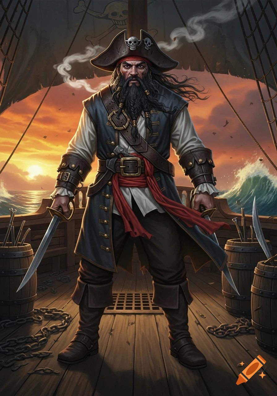 A rugged pirate with a long beard and hat, holding two swords on a ship's deck at sunset, with crashing waves.