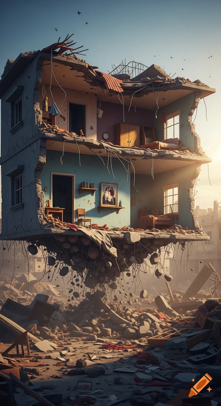 A hyper-realistic image of a half-collapsed house floating above a vast field of rubble and debris, under a clear sky.
