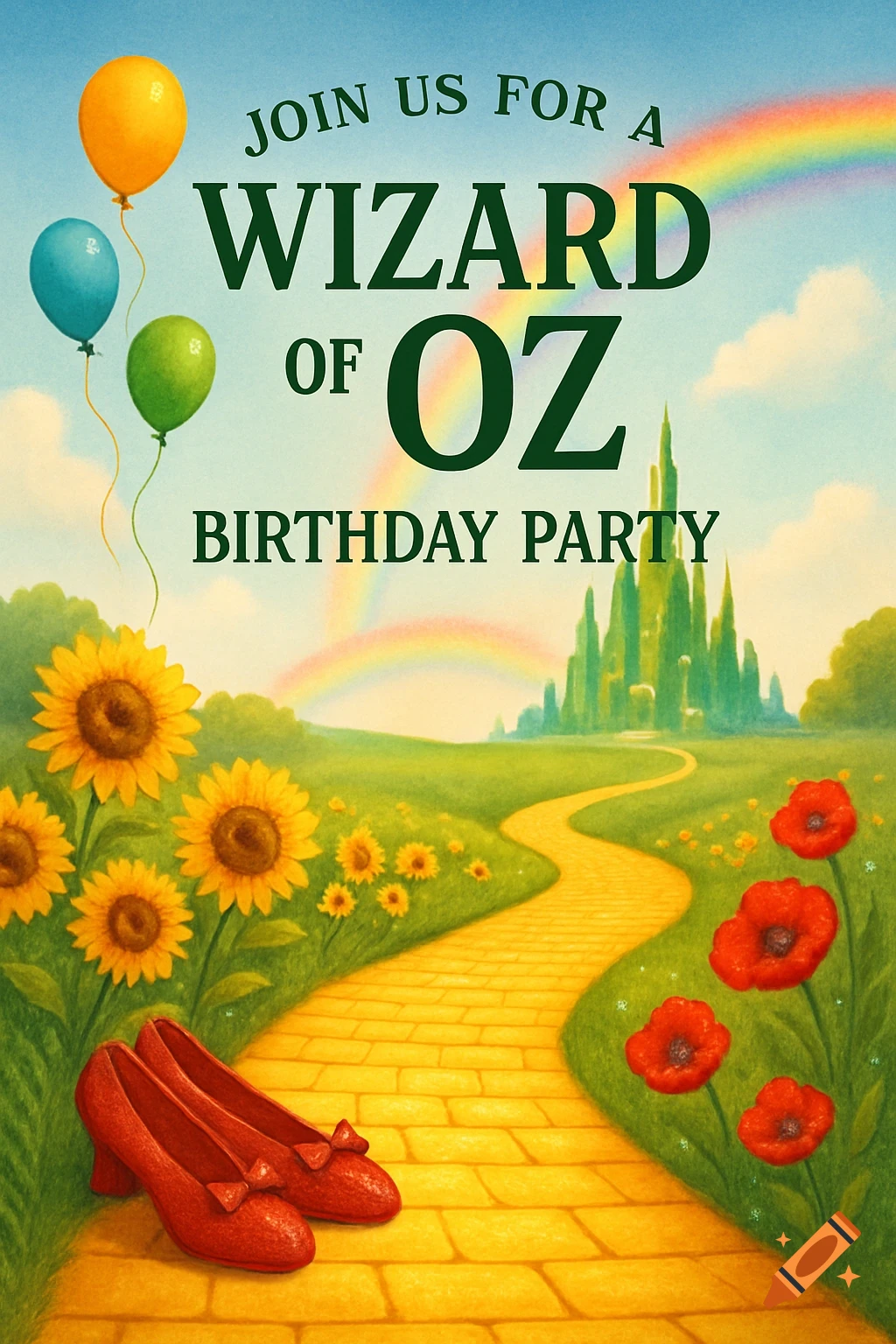 An illustrated Wizard of Oz birthday invitation showing the yellow brick road, Emerald City, ruby slippers, sunflowers, and a rainbow.