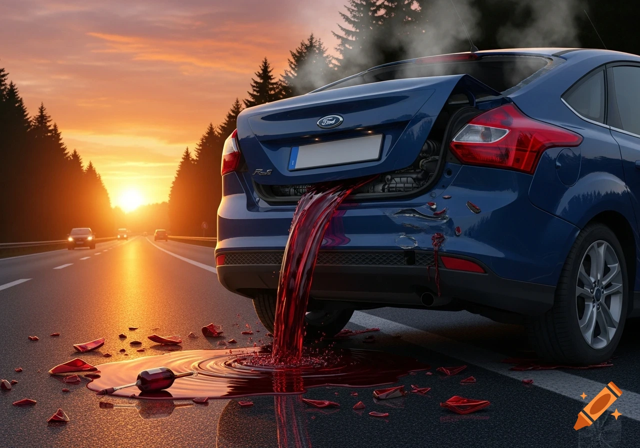 A damaged blue Ford Focus on a highway at sunset, with dark red wine spilling from its trunk onto broken glass.