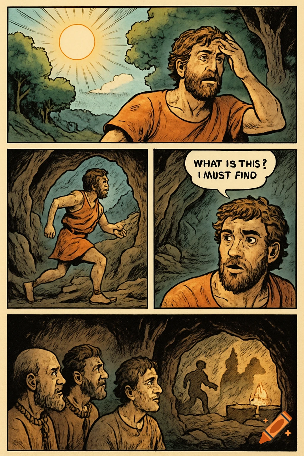 A comic strip in a vintage style, showing a man leaving a dark cave, running, pondering, and finally looking up at a bright sun, while other men remain chained in the cave.