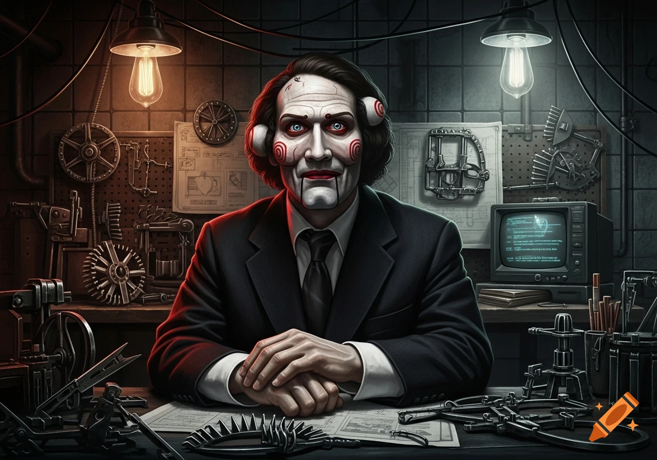 A stern Jigsaw puppet from Saw, in a dark, detailed workshop with tools, blueprints, and an old monitor, under two glowing light bulbs.