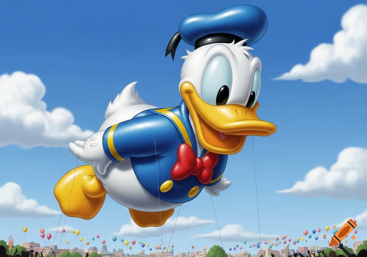 A giant Donald Duck parade balloon in a blue sailor suit floats in a clear blue sky above a city with crowds and small balloons.