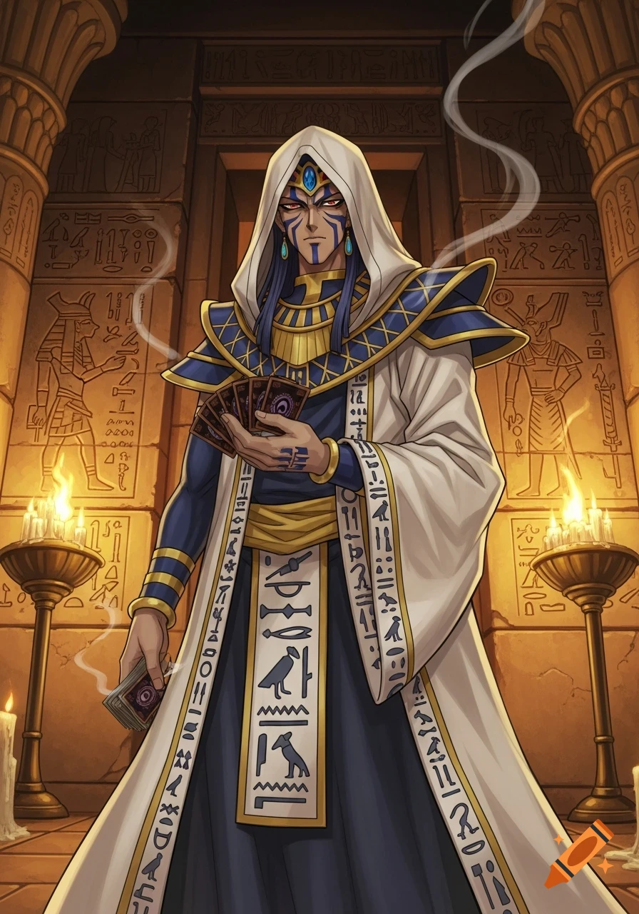 A hooded anime character, Odion from Yugioh, in Egyptian-themed robes holding cards, standing in an ancient temple with hieroglyphs and candles.