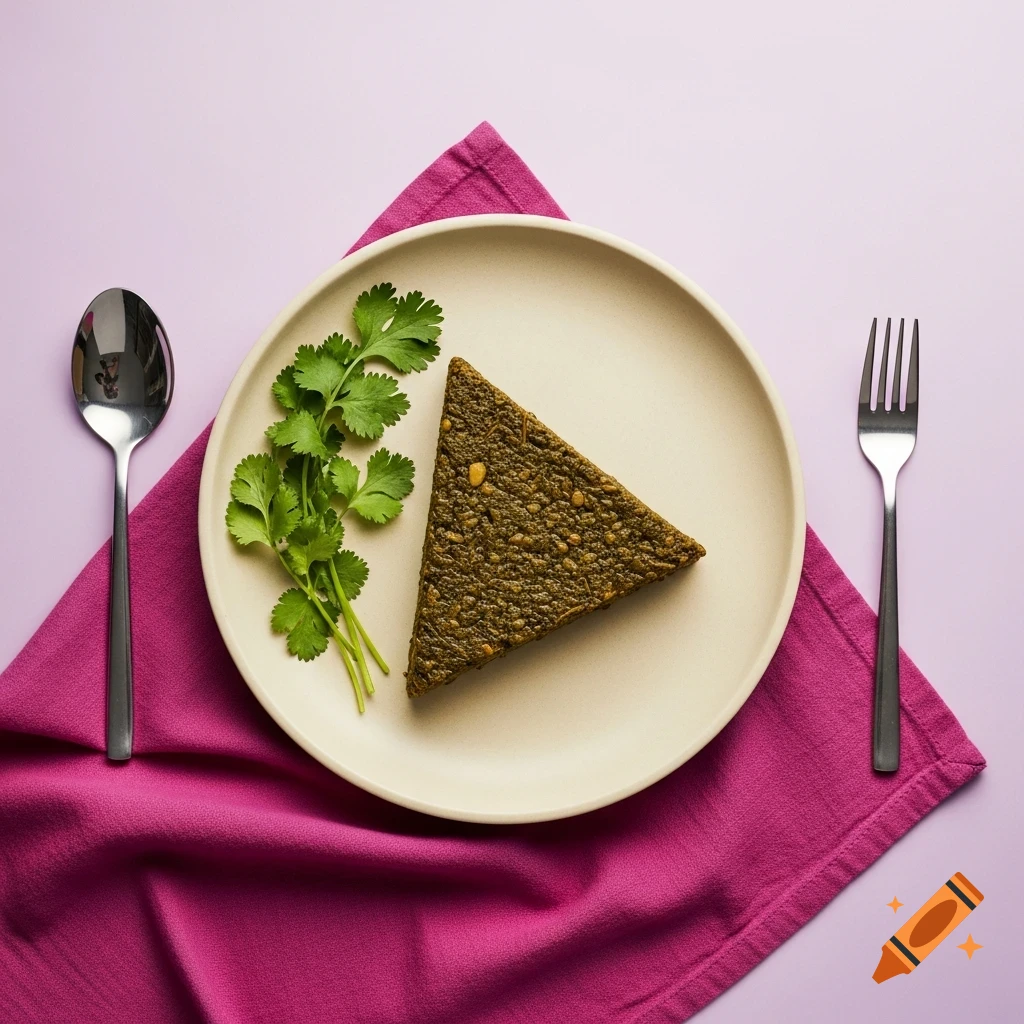 A triangular Kookoo Sabzi, cilantro, and silverware on a cream plate with a magenta napkin on a purple background.