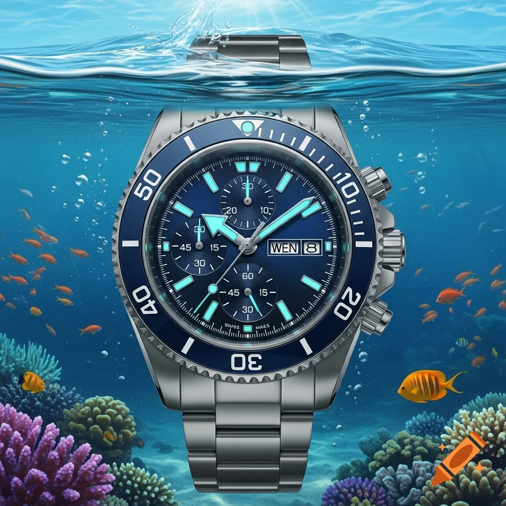 A photorealistic dive watch with a blue face and silver band submerged in clear blue water, surrounded by colorful coral and small orange fish.