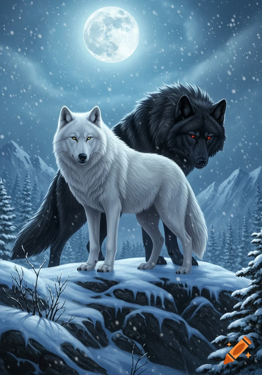 A white wolf with yellow eyes stands in front of a black wolf with red eyes on a snowy mountain under a full moon with falling snow, digital art.