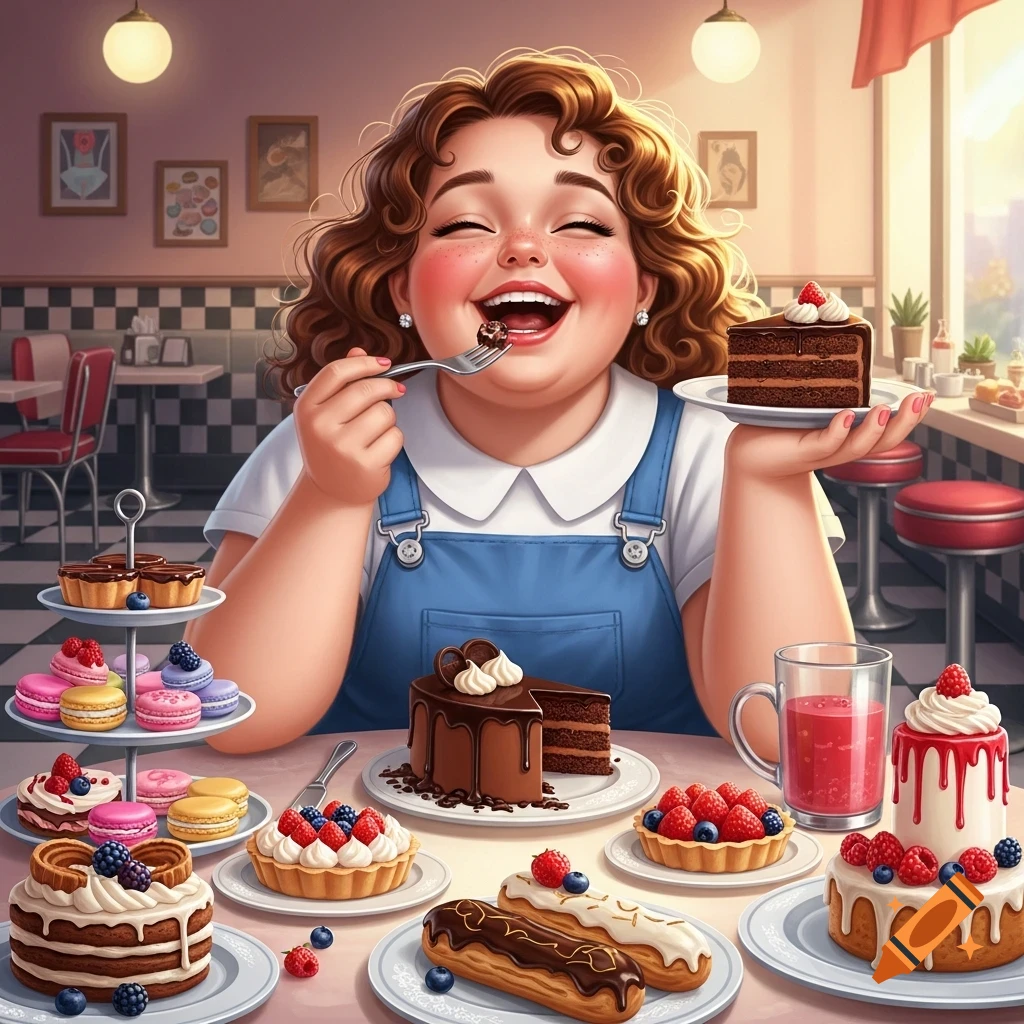 An illustration of a happy, plump woman laughing while eating dessert in a retro diner.