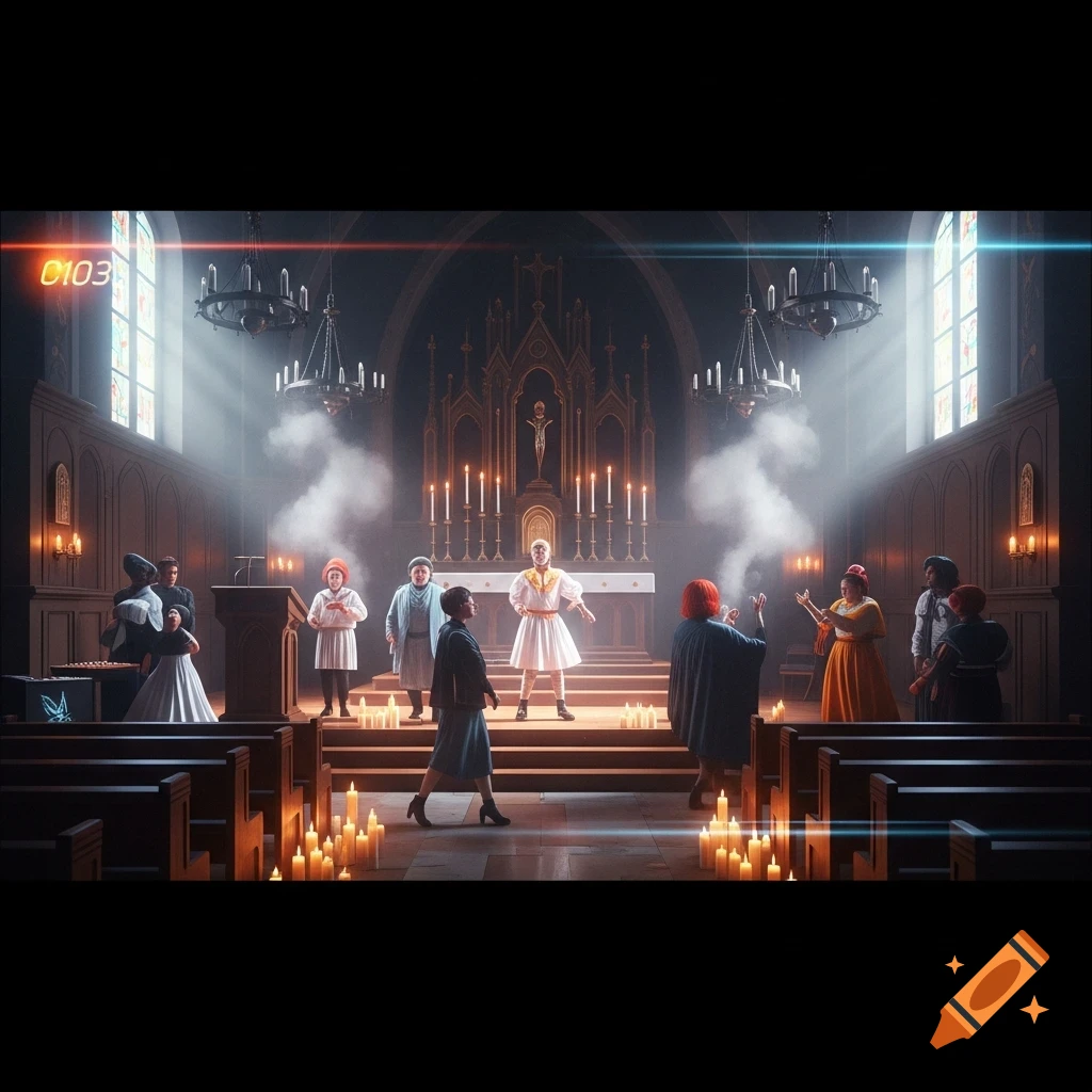 People performing on a stage in a dark, ornate gothic church, illuminated by candles, dramatic light, and smoke, with a retro digital clock.