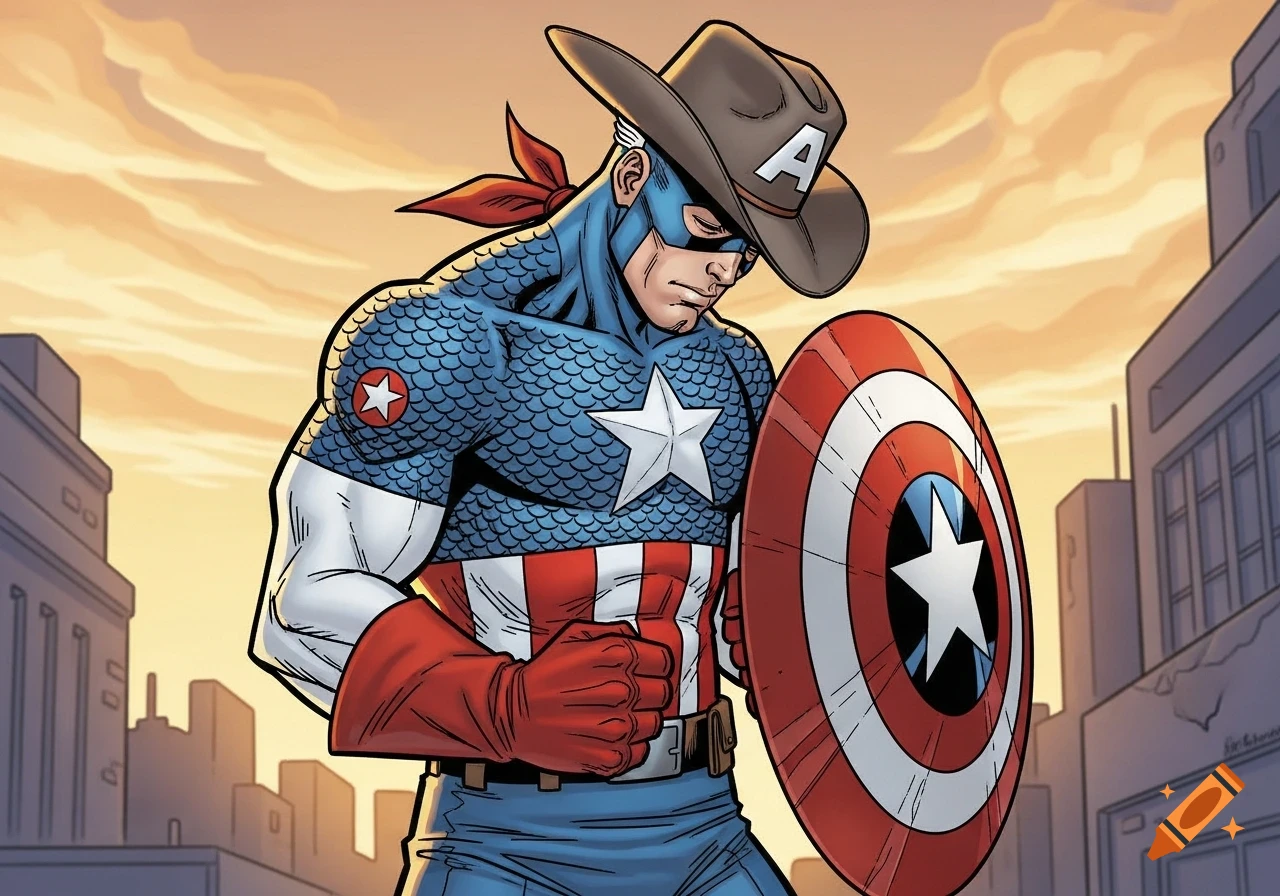 Captain America in a comic book style, wearing a cowboy hat, holding his shield against a city background at sunset.