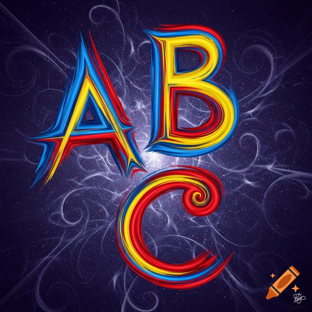 Stylized, vibrant letters A, B, C in red, blue, and yellow against a dark, swirling abstract background.