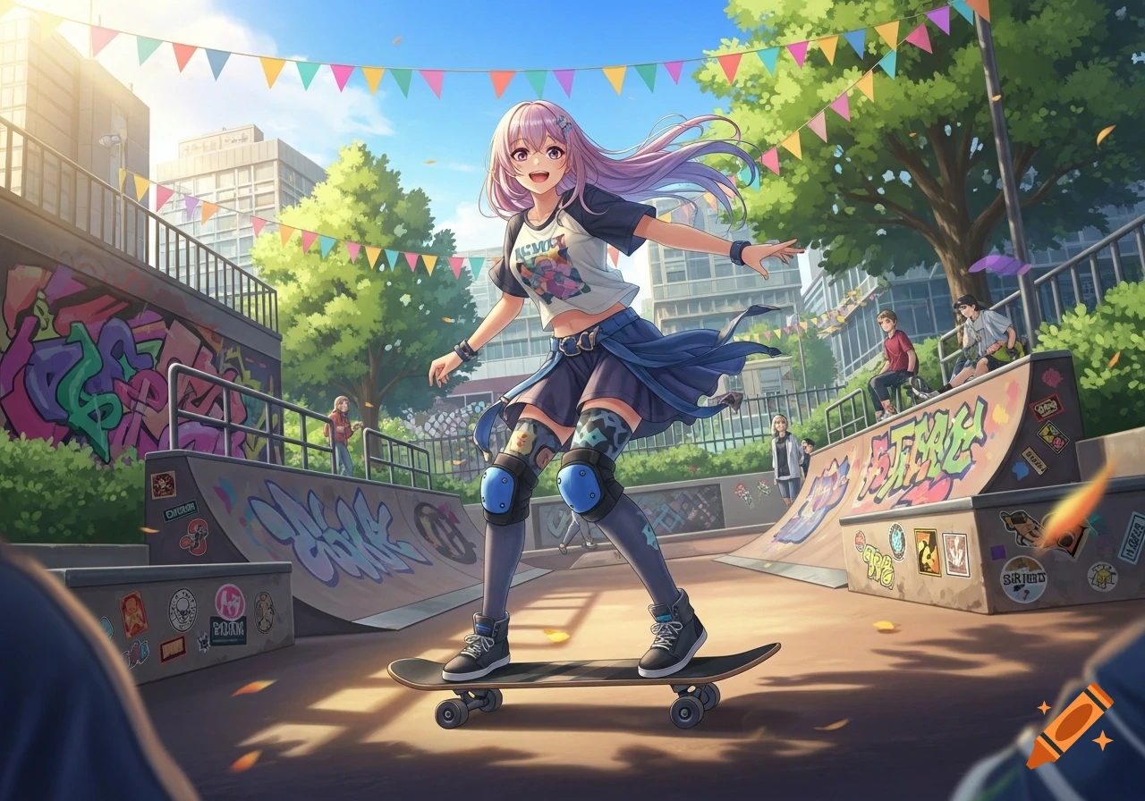 An anime girl with pink hair skates on a skateboard in a colorful urban skate park decorated with banners and graffiti, with other people in the background.