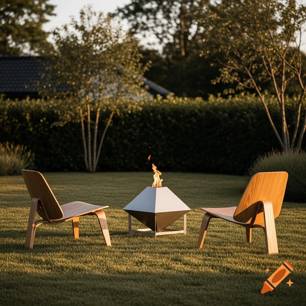 Modern minimalist firepit and two wooden chairs on a grassy lawn in soft evening light.