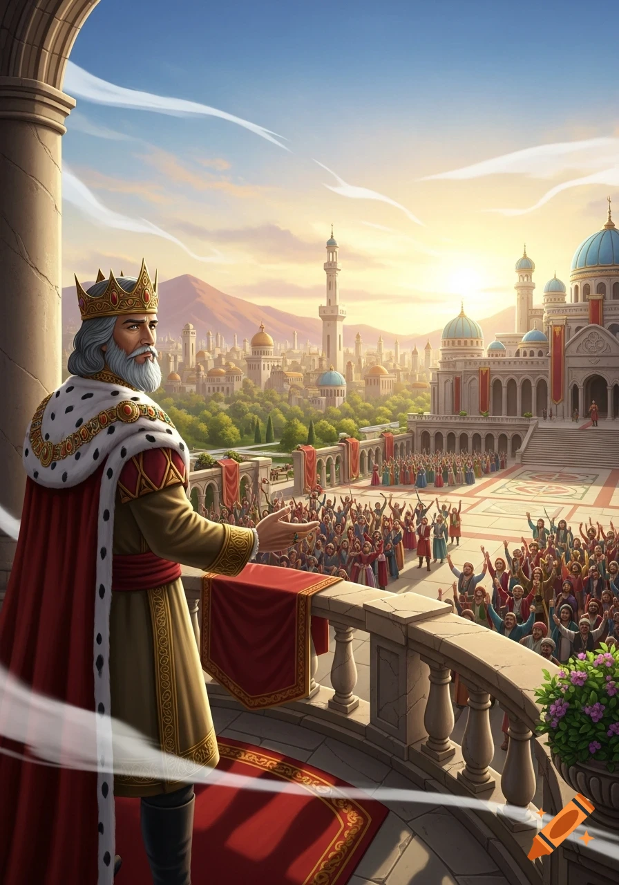 King Ruling City A king on a palace balcony addresses a cheering crowd in a fantasy city ...