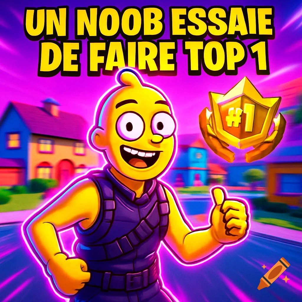 Cartoon yellow character in tactical gear giving a thumbs up, with "UN NOOB ESSAIE DE FAIRE TOP 1" text and a golden #1 badge, against a vibrant, blurred town background in Fortnite style.