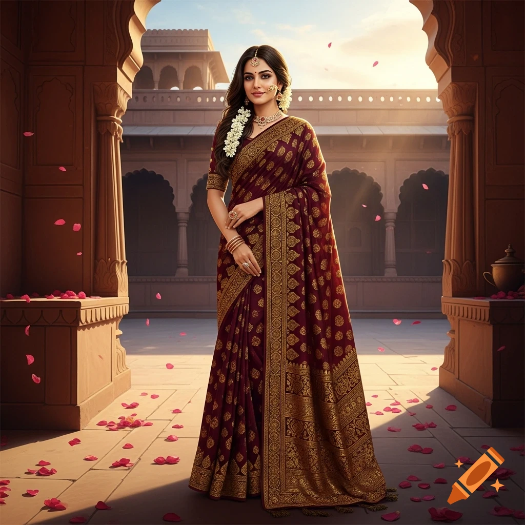 Photorealistic image of a beautiful Indian woman in a maroon and gold saree, standing in an ornate palace courtyard with rose petals on the ground.