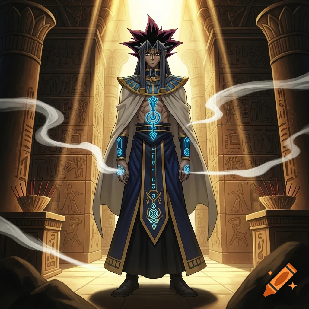 A powerful character with spiky dark hair and long locks stands shirtless in an ancient Egyptian temple, adorned with glowing blue symbols.